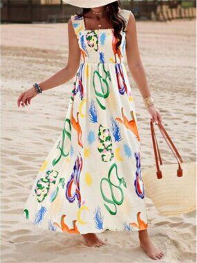 Smocked Bodice Colorful Print Tank Dress